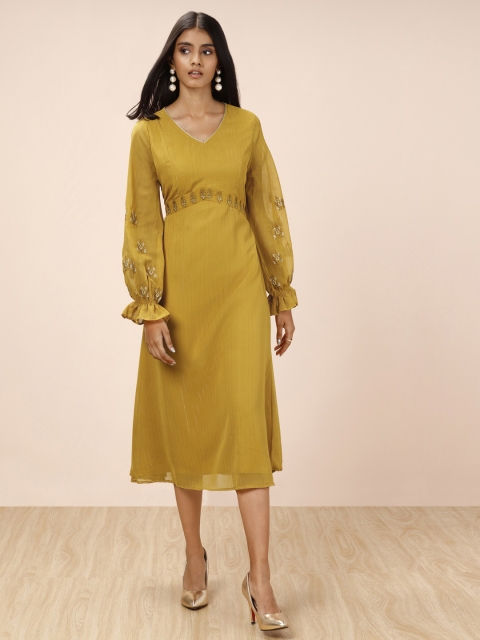 all about you Women Mustard Solid A-Line Midi Dress