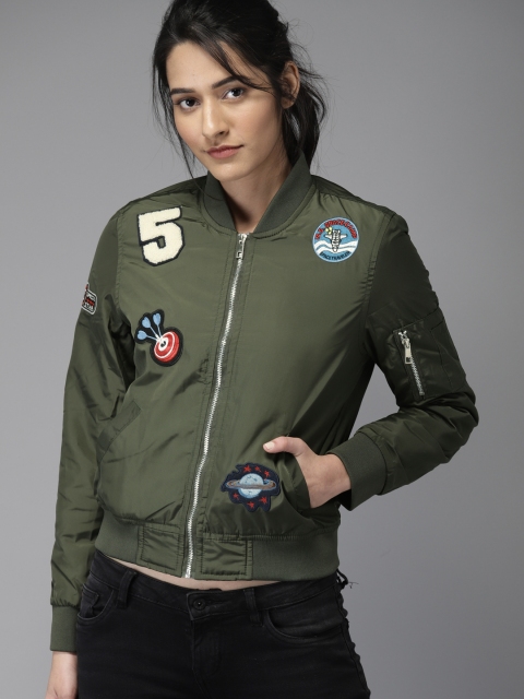 Moda Rapido Women Olive Green Solid Bomber