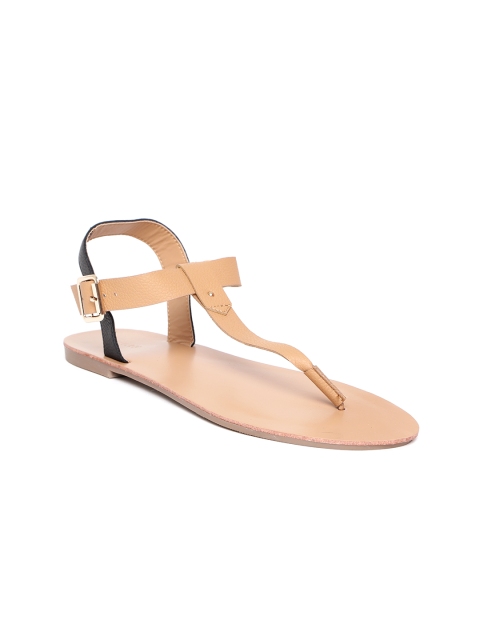 FOREVER 21 Women Beige & Black Colourblocked T-Strap Flats