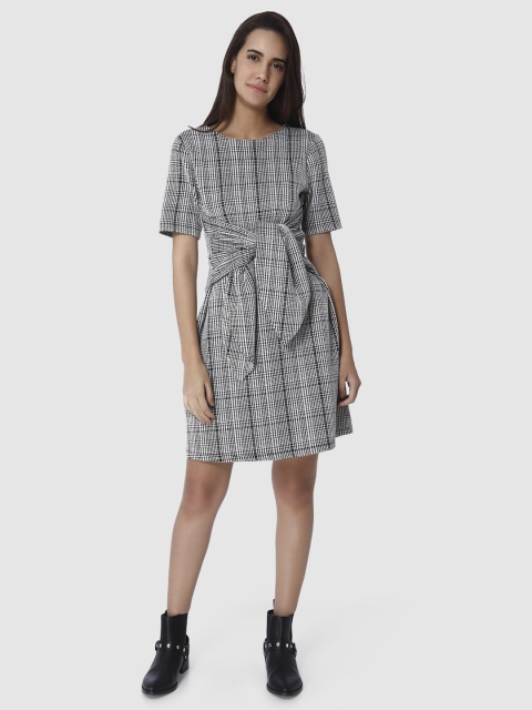 Vero Moda Women Black & White Checked A-Line Dress with Waist Tie-Ups