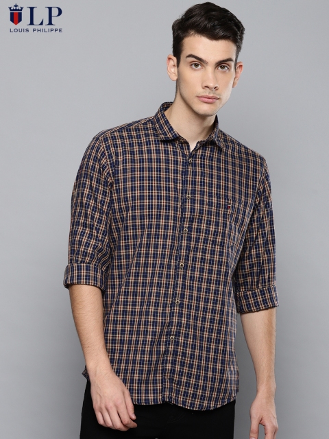 Louis Philippe Sport Men Navy Blue & Beige Slim Fit Checked Casual Shirt