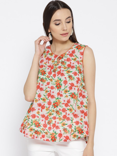 Rangriti Women White & Red Floral Print A-Line Top 
Rangriti Women White & Red Floral Print A-Line Top