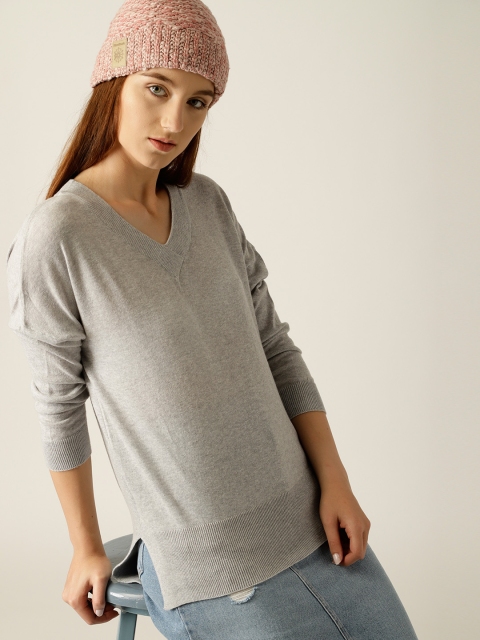 United Colors of Benetton Women Grey Melange Solid Pullover
