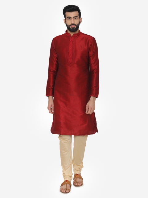 Manyavar Men Red & Cream-Coloured Solid Kurta with Churidar