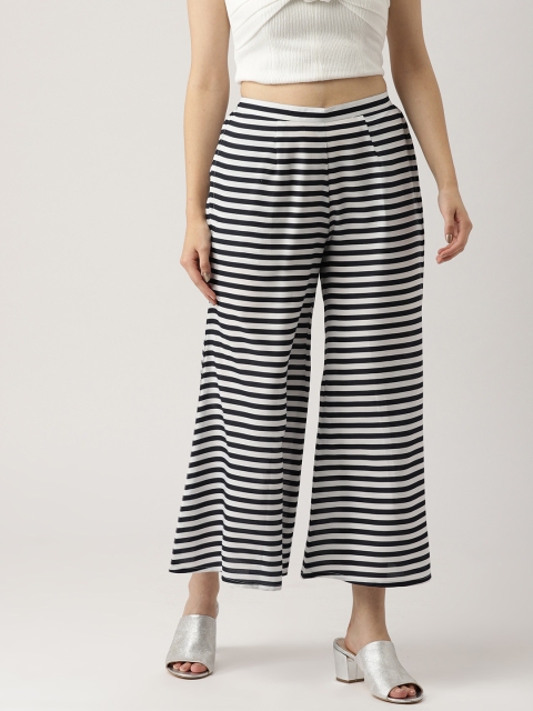 Libas Women Navy Blue & White Striped Cropped Wide Leg Palazzos