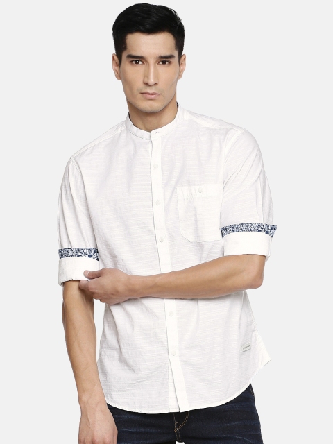 John Players Men White Trim Skinny Fit Self-Striped Casual Shirt