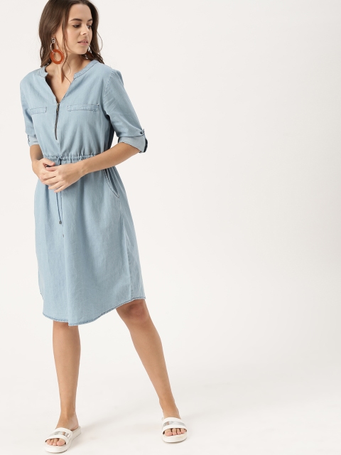 DressBerry Women Blue Chambray Solid A-Line Dress