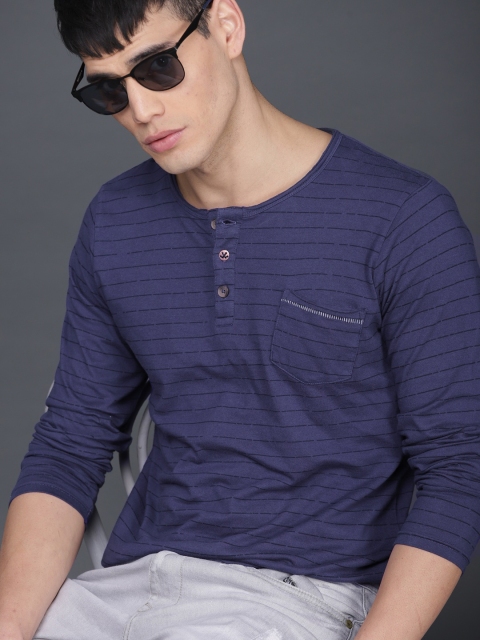 WROGN Men Blue & Black Striped Henley T-shirt