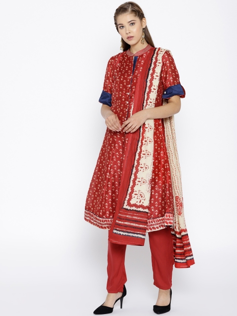 Biba Women Red & White Printed Kurta with Trousers & Dupatta