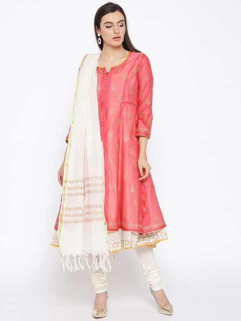 Biba Women Pink & Off-White Printed Kurta with Churidar & Dupatta