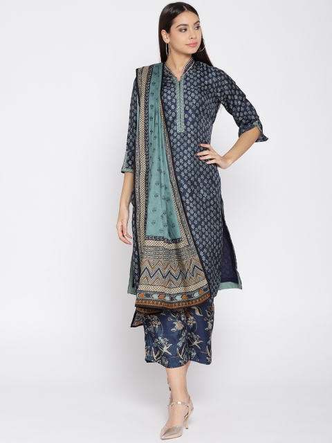 Biba Women Navy Printed Kurta with Palazzos & Dupatta, Navy blue