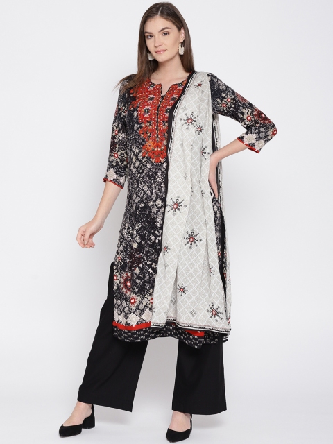 Biba Women Black & White Printed Kurta with Palazzos & Dupatta