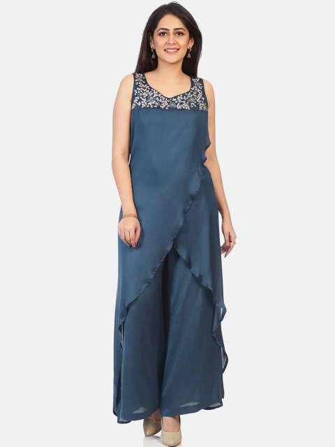 Biba Women Navy Blue Ethnic Motifs Printed Sequinned Kurta with Palazzos