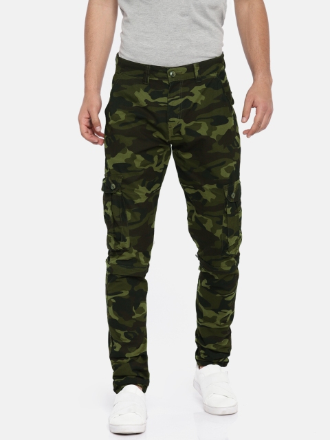 Sports52 wear Men Olive Green & Black Tailored Regular Fit Printed Detachable Cargos