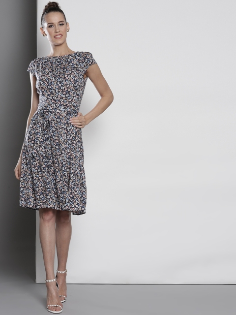 DOROTHY PERKINS Women Navy Blue Printed Fit & Flare Dress
