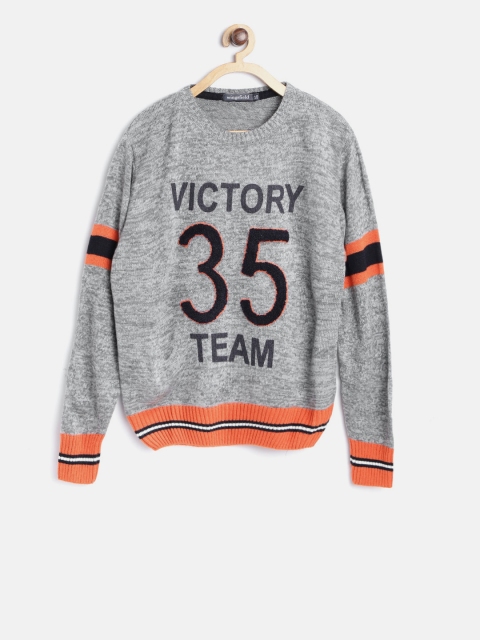 Wingsfield Boys Grey Melange Printed Pullover