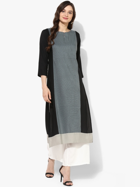 Sangria Women Black & Grey Printed Straight Kurta