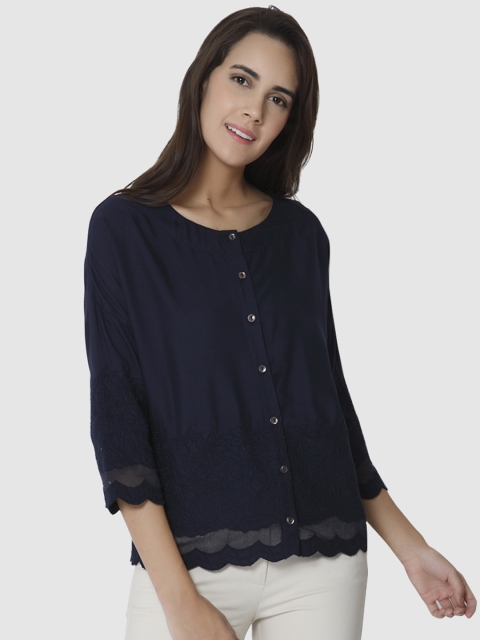 Vero Moda Women Navy Blue Embroidered Shirt Style Top