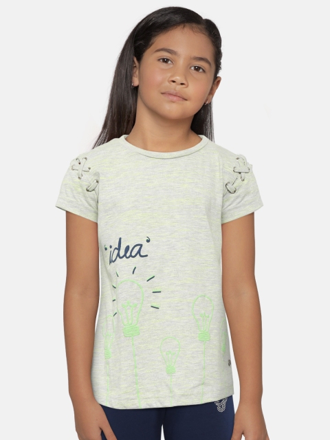 Gini and Jony Girls Grey Melange & Green Printed A-Line Top