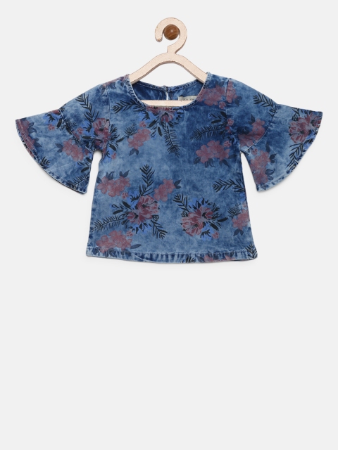 Gini and Jony Girls Blue Printed Denim Pure Cotton Top