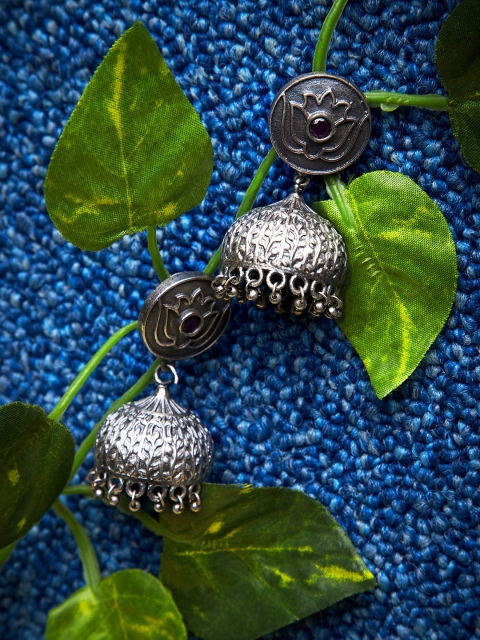 ZeroKaata Silver-Toned Dome Shaped Handcrafted Jhumkas