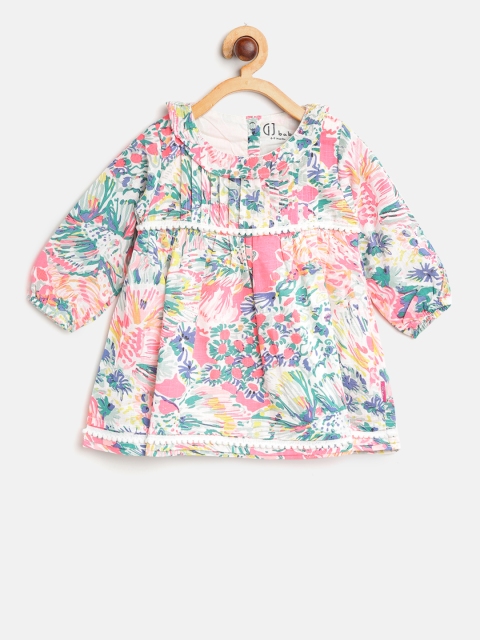 Gini and Jony Girls White & Pink Printed Empire Dress
