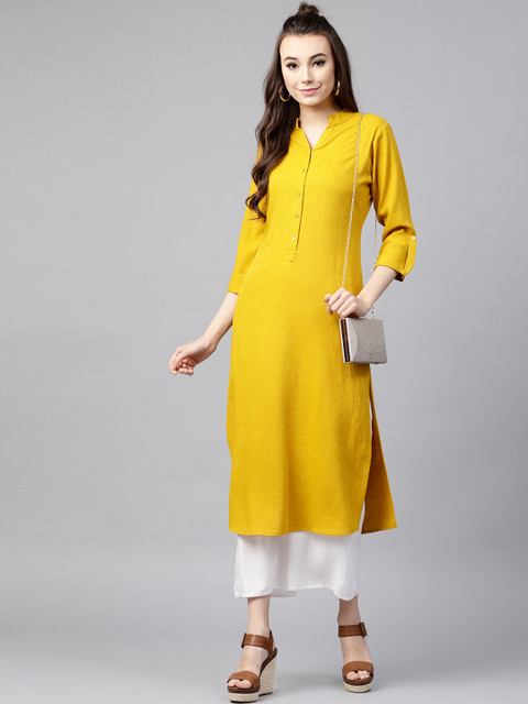 GERUA Women Mustard Yellow Solid Straight Kurta 
GERUA Women Mustard Yellow Solid Straight Kurta