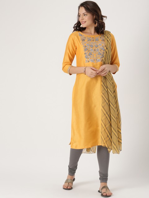IMARA Women Mustard Yellow & Charcoal Grey Yoke Design Kurta with Churidar & Dupatta
IMARA Women Mustard Yellow & Charcoal Grey Yoke Design Kurta with Churidar & Dupatta