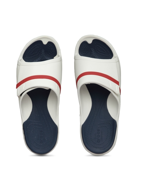 Crocs Women White & Navy Blue Solid Sliders