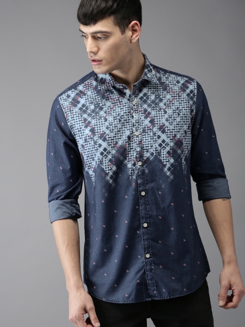Moda Rapido Men Blue Printed Denim Shirt