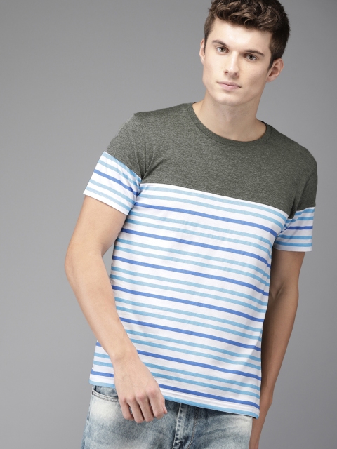Moda Rapido Men Charcoal Grey and White Striped Round Neck T-shirt