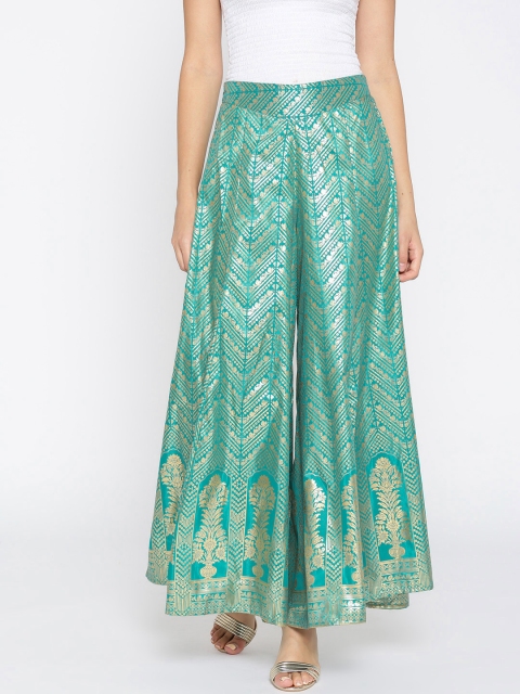 AURELIA Women Green & Golden Printed Flared Palazzos