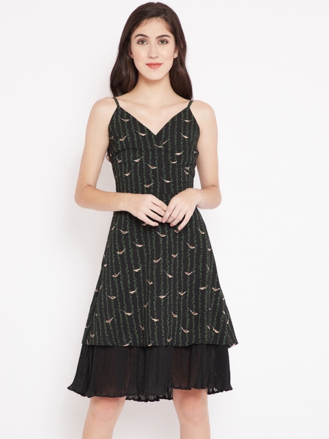 Madame Women Black & Green Printed Wrap Dress