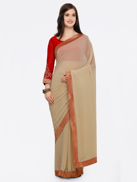 Shaily Cream-Coloured & Red Pure Georgette Printed Saree