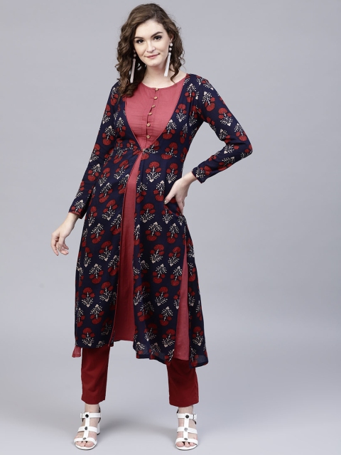 SASSAFRAS Women Pink Solid A-Line Kurta with Ethnic Jacket