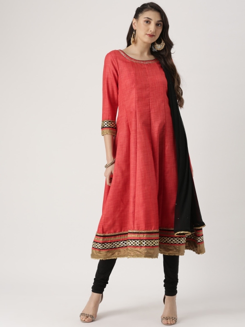 IMARA Women Red & Black Self-Design Kurta with Churidar & Dupatta