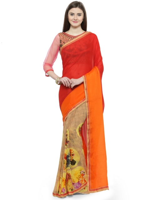 Shaily Red & Beige Pure Georgette Printed Saree