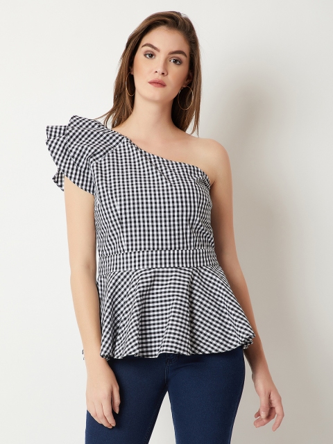Miss Chase Women Black Checked Peplum Top