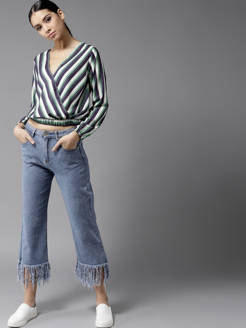Moda Rapido Women White & Purple Striped Crop Wrap Top