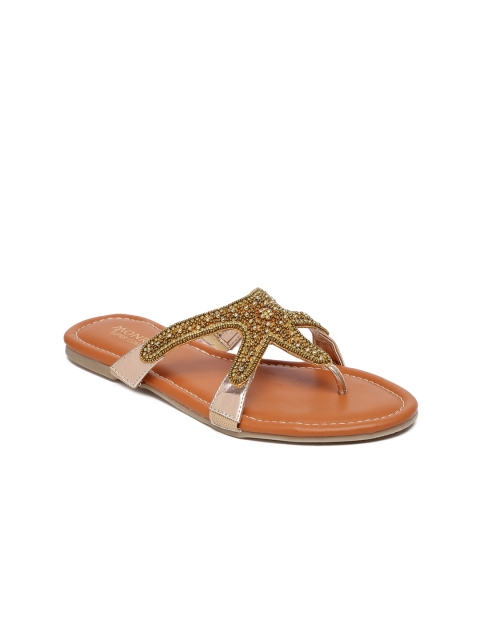 Monrow Women Gold-Toned Solid Synthetic Open Toe Flats