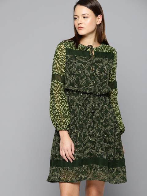 Chemistry Women Green Printed Fit and Flare Dress