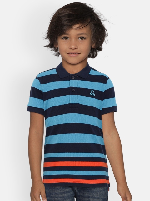 United Colors of Benetton Boys Blue Striped Polo Collar T-shirt
