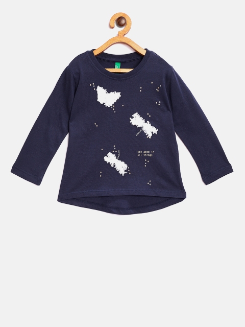 United Colors of Benetton Girls Navy Printed Round Neck T-shirt, Navy blue