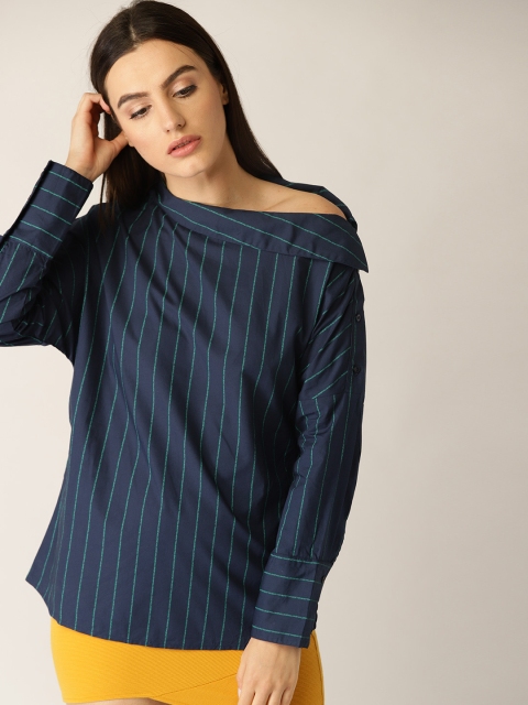 United Colors of Benetton Navy Blue Striped Pure Cotton Top