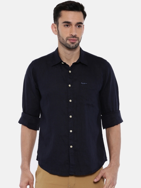 Pepe Jeans Men Navy Blue Solid Linen Shirt