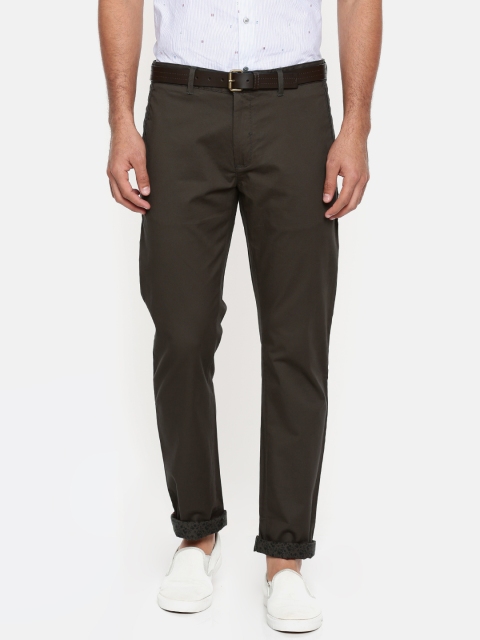 Blackberrys Men Olive Green Sharp Regular Fit Solid Chinos