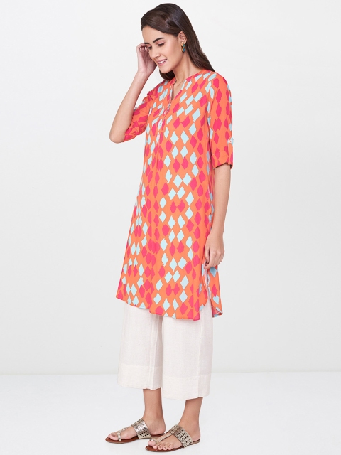 Global Desi Women Coral Orange Printed A-Line Kurta