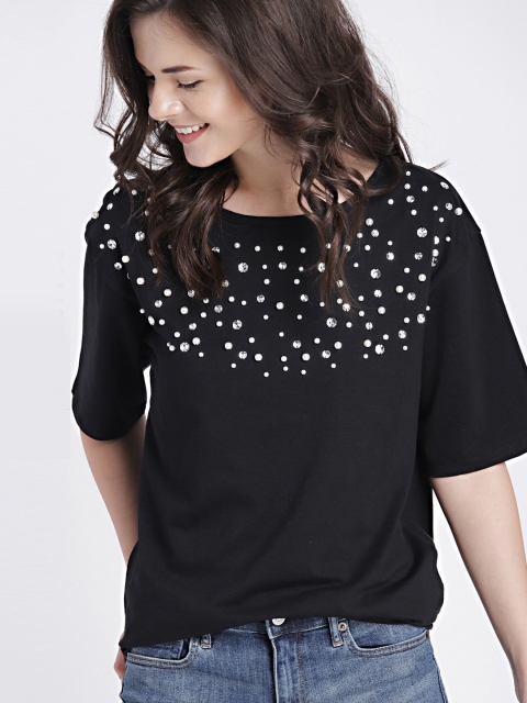 GAP Women's Black Embellished Drop Shoulder Top