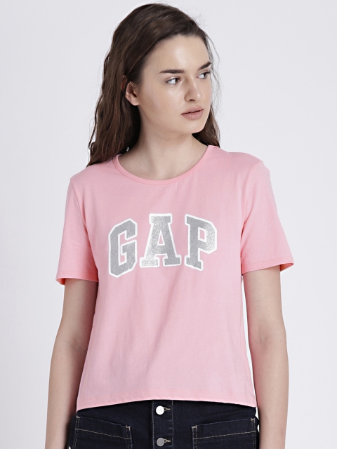GAP Women Pink Glitter Logo Crop Short Sleeve Crewneck T-Shirt