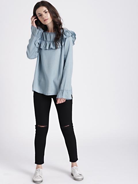 GAP Women's Blue Denim Ruffle Detail Top